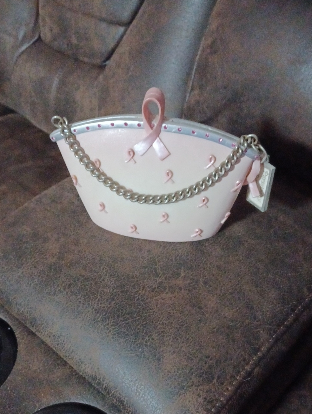 4/$60 Pink Ribbon Accent Chain-Handle Bag-Shaped Coin Bank